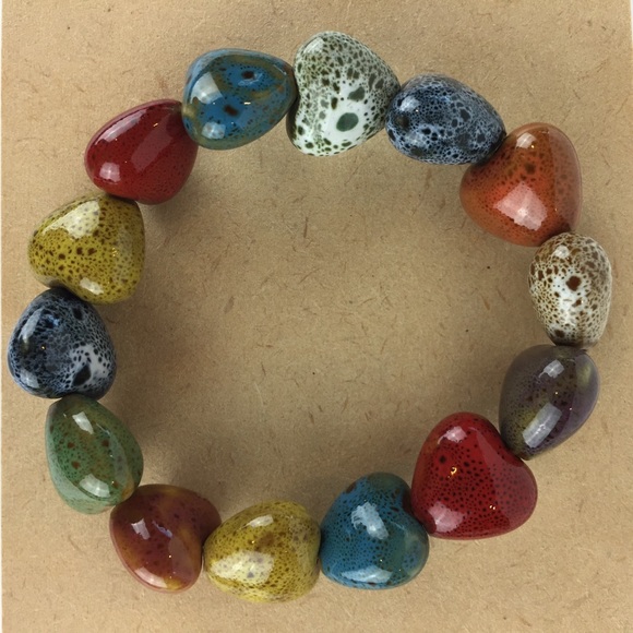 Boho Rainbow color Porcelain Heart beaded bracelet - Picture 2 of 8